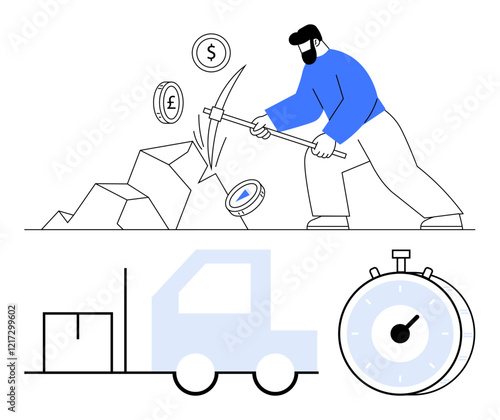 Man mining with a pickaxe extracting currency and resources. Stopwatch symbolizes time management. Delivery truck highlights logistics and supply chain. Ideal for labor, economy, logistics