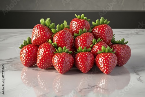 Fresh strawberries arranged on a marble countertop showcasing vibrant red col...