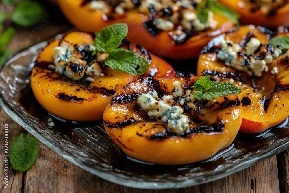 Grilled Peaches with Blue Cheese and Mint Garnish Grilled Peaches with Blue Cheese and Mint Garnish