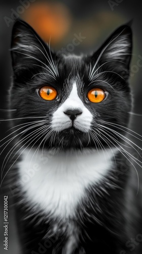 Black and white cat with striking orange eyes among blooming flowers in a garden