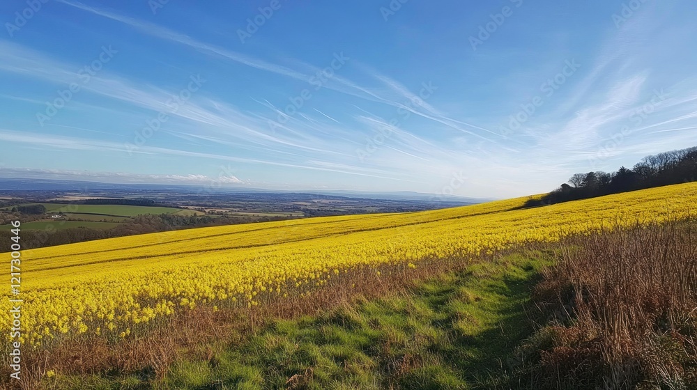 Fototapeta premium Rolling hills, vibrant yellow rapeseed field, sunny day, scenic view, travel photography