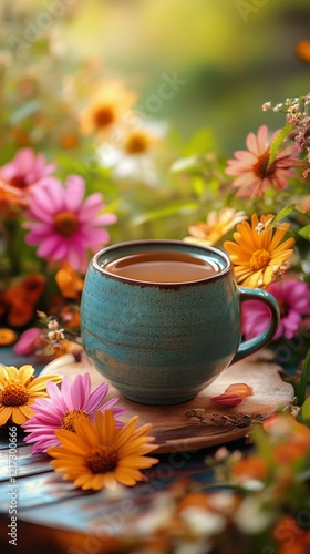 Brightly colored tea cup surrounded by vibrant flowers on a sunny afternoon