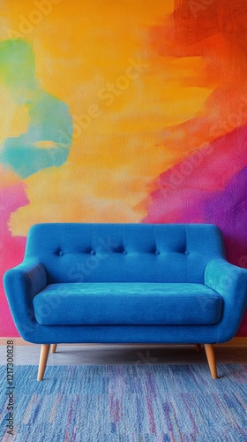 Vibrant blue sofa against colorful abstract wall design in modern interior space