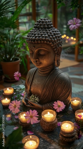 Serenity and tranquility captured in a peaceful garden with candles and a Bud...