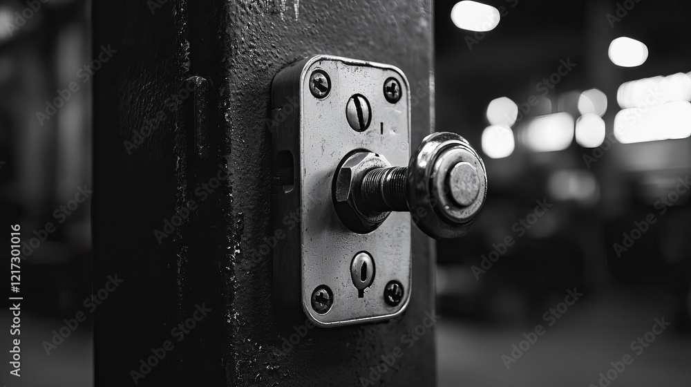 A close-up of a metallic push button mounted on a wall, highlighting its industrial design against a blurred, monochrome background. A close-up of a metallic push button mounted on a wall, highlighting its industrial design against a blurred, monochrome background.