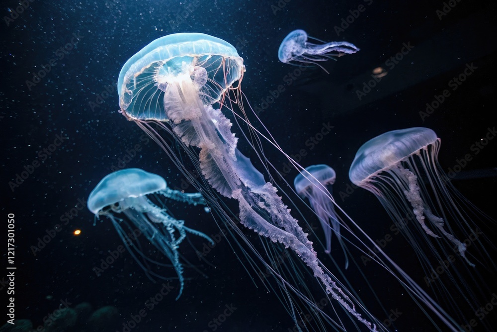 Glowing jellyfish-like creatures suspended in darkness, aquatic display, glowing tendrils, radiant energy, bioluminescent beings Glowing jellyfish-like creatures suspended in darkness, aquatic display, glowing tendrils, radiant energy, bioluminescent beings