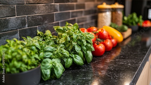 Fresh basil and ripe tomatoes ready for cooking in a cozy kitchen setting