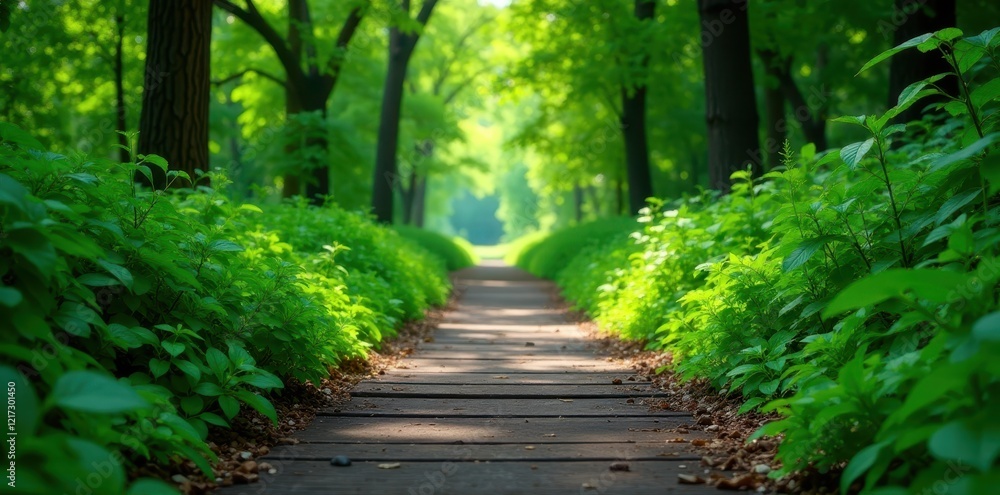 Fototapeta premium Dense greenery surrounds a weathered wooden pathway, mangrove forest, tropical, wilderness