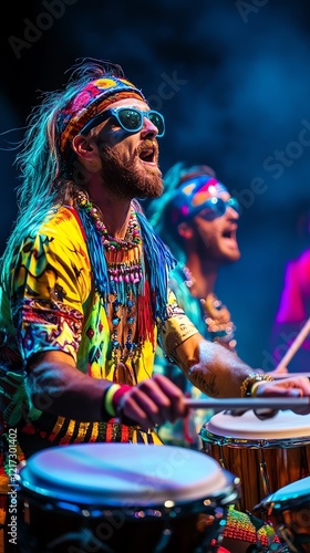 A highenergy shot of cymbal players clashing their instruments, their vibrant outfits adding to the spectacle photo