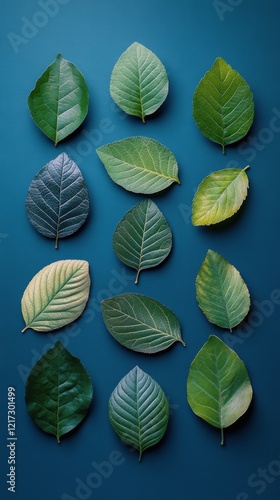 Green leaves against a bright blue background creating a vibrant contrast in ...