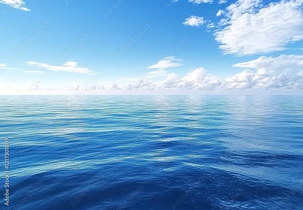 Fototapeta premium A vast expanse of blue ocean, with clear skies and clouds in the background.