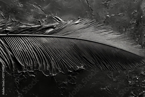 Detailed close-up of a delicate feather showcasing water droplets in black an...