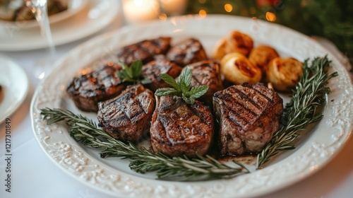 Grilled lamb chops served with roasted vegetables and yogurt sauce at a rusti...