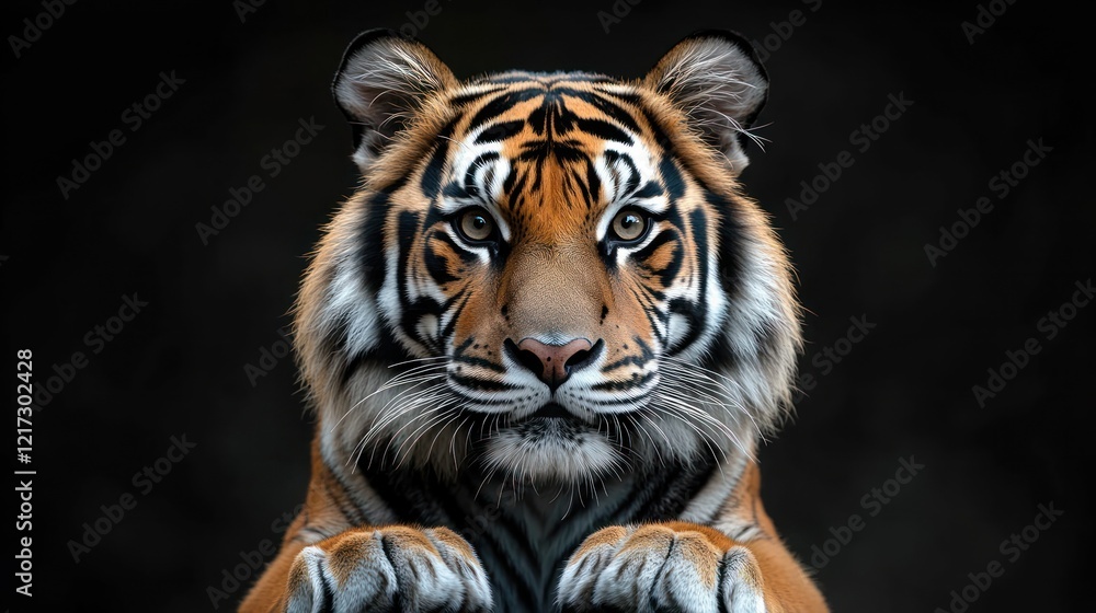 Fototapeta premium Majestic tiger portrait, dark background, wildlife, zoo, conservation