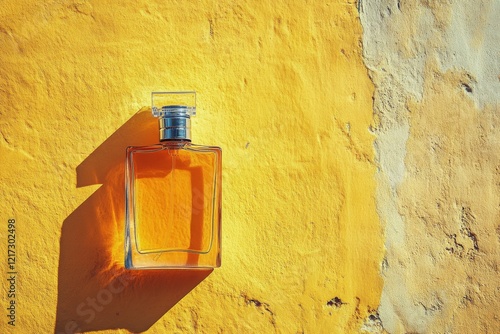 Brightly colored perfume bottle against a vibrant yellow wall showcasing mode...