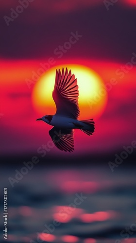 Seagull soaring against a vibrant sunset over the ocean waves