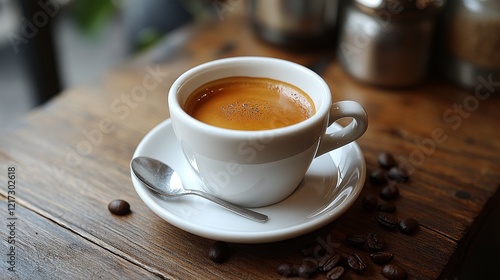 Warm cup of coffee resting on wooden table with espresso beans scattered arou...