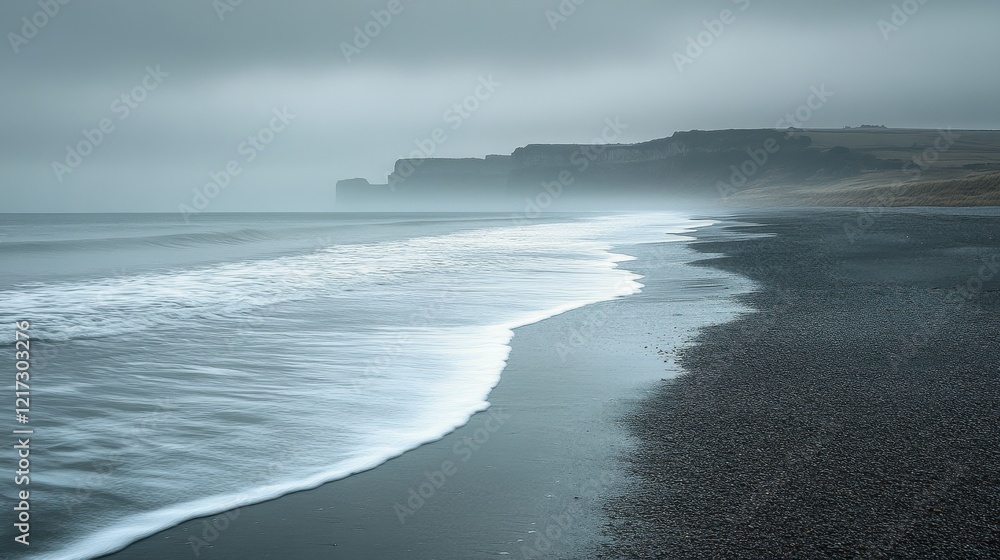 Fototapeta premium Serene beach with golden sand and clear blue water under a bright sky