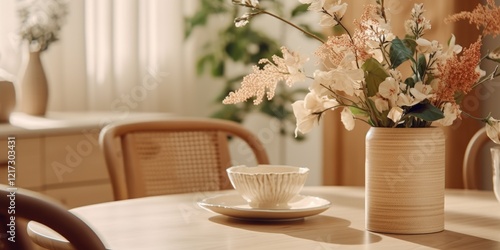 A table with a vase of flowers and a white plate with a bowl on it. The table is in a room with a window and a potted plant