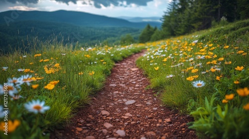 Pathway along cliffs overlooking the ocean with wildflowers under blue sky