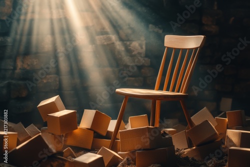 A room filled with packed boxes and a single chair, symbolizing departure and change, with sunlight streaming through the window photo