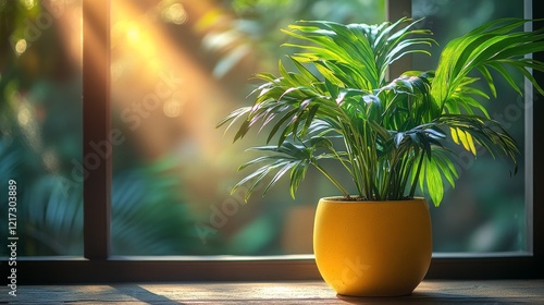 Beautiful green plant in a pot near a window with warm sunlight and autumn fo...