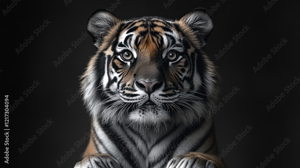 Fototapeta premium Majestic tiger portrait, studio shot, dark background, wildlife conservation