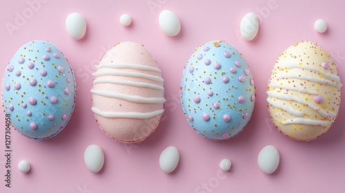 Colorful decorated Easter eggs arranged creatively on a blue background