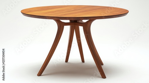 Stylish round wooden table featuring a modern design and unique leg structure...