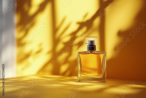 Brightly colored perfume bottle against a vibrant yellow wall showcasing mode...