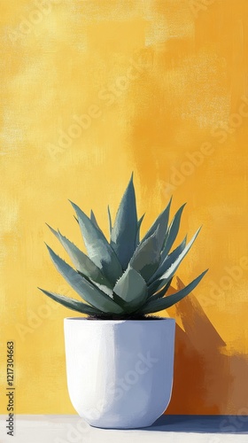 Green succulent plant in a white pot against a vibrant yellow wall basking in...