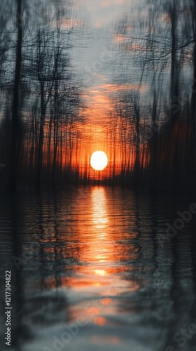Sunset reflecting on water through a rain-speckled window in a serene evening...