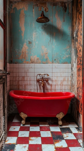 Vibrant red bathtub enhances vintage bathroom decor with charming wall art an...