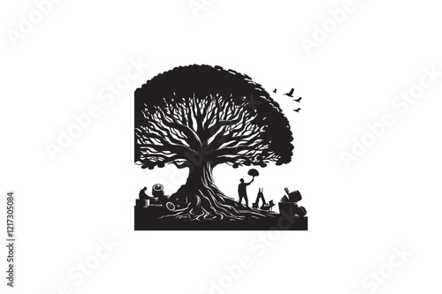 A Mahogany tree vector silhouette black and white image . eps