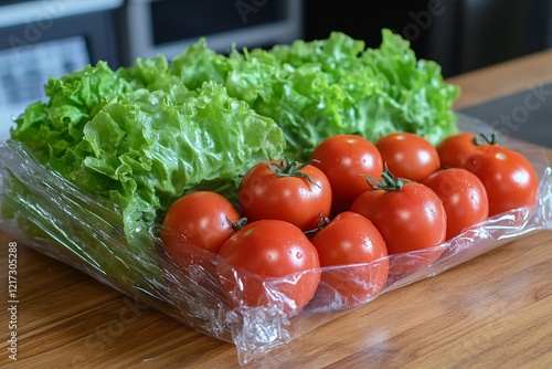 Fresh vegetables in plastic wrap with tomatoes and lettuce on a wooden counte...