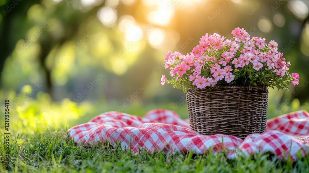 Bright flowers in a wicker basket on a picnic blanket in a serene park setting during golden hour Bright flowers in a wicker basket on a picnic blanket in a serene park setting during golden hour