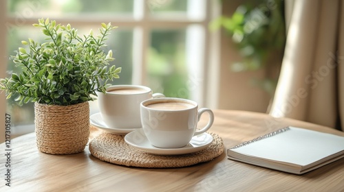 Morning coffee on a wooden table with a plant and notepad in a cozy setting b...