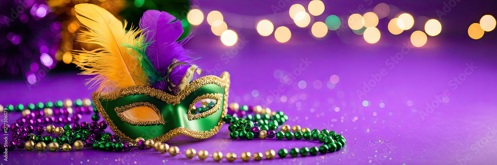 Mardi Gras Mask Beads Feathers Purple Background Festive Celebration Mardi Gras Mask Beads Feathers Purple Background Festive Celebration