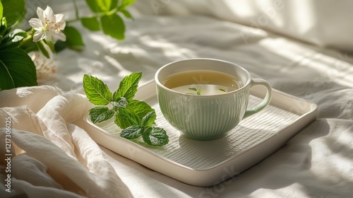 Warm cup of herbal tea with mint leaves on a cozy bed in soft morning light