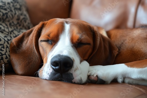 Beagle dog peacefully sleeping on a cozy leather sofa at home during the afte...