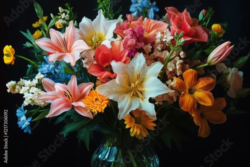 Vibrant floral arrangement showcasing mixed flowers in various colors against...