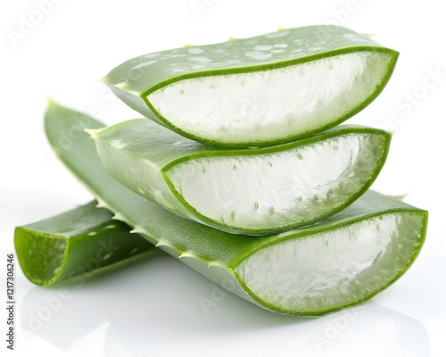 pieces of green aloe vera slices stacked, isolated on white