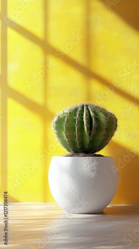 Green succulent plant in a white pot against a vibrant yellow wall basking in...
