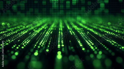 An abstract digital matrix with glowing green light patterns symbolizing data, technology, and connectivity