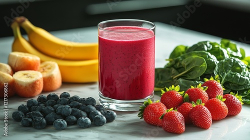 Bright smoothie made with strawberries, bananas, and blueberries on a kitchen...