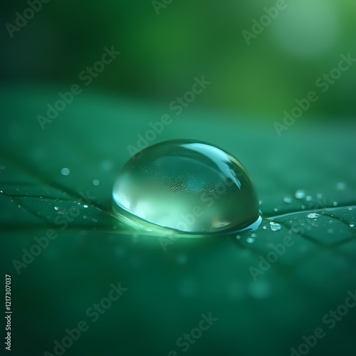 A close-up image of a water droplet resting on a green leaf, with blurred greenery in the background.
