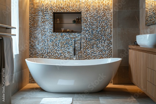 Elegant modern bathroom design featuring a freestanding tub and stylish tiled...