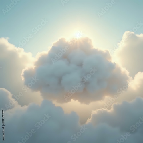 The image depicts a cloud-filled sky with the sun peeking through the clouds, creating a serene and atmospheric scene.