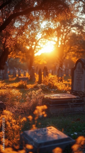 Mysterious sunset casts golden light over a tranquil cemetery path surrounded...