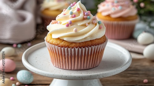 Festive cupcake with colorful frosting and sprinkles surrounded by pastel egg...